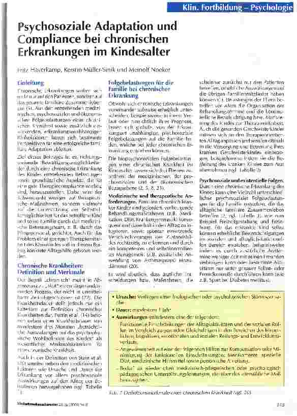 Vorschauseite 1: Psychosoziale Adaptation und Compliance bei chronischen Erkrankungen im Kindesalter