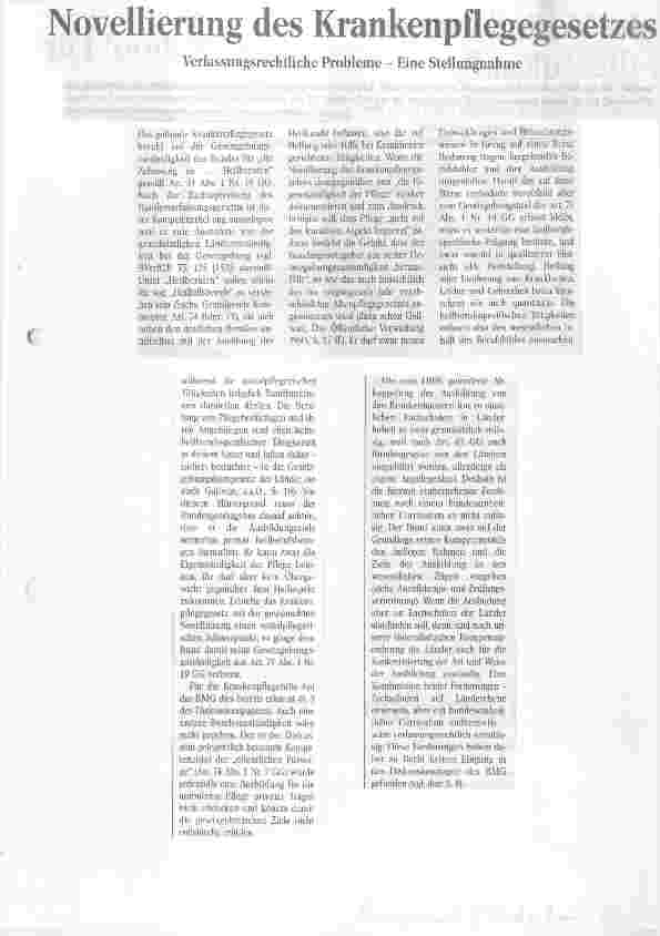 Vorschauseite 1: Novellierung des Krankenpflegegesetzes Verfassungsrechtliche Probleme - eine Stellungnahme