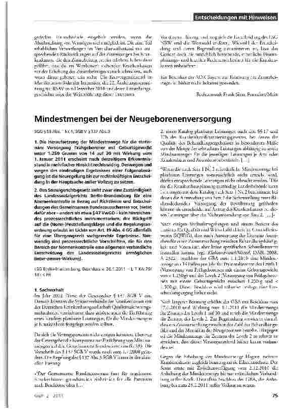 Vorschauseite 1: Mindestmengen bei der Neugeborenenversorgung SGG § 55 Abs. 1 Nr. 1; SGB V § 137 Abs. 3