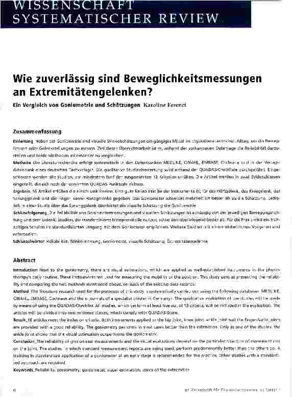 Vorschauseite 1: Wie zuverlässig sind Beweglichkeitsmessungen an Extremitätengelenken?
