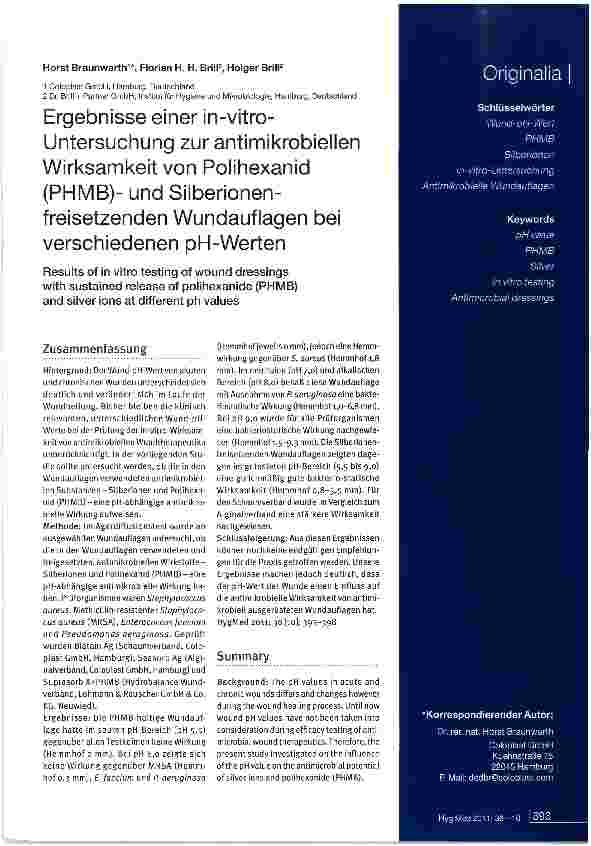 Vorschauseite 1: Ergebnisse einer in-vitro-Untersuchung zur antimikrobiellen Wirksamkeit von Polihexanid (PHMB)- und Silberionen-freisetzenden Wundauflagen bei verschiedenen pH-Werten