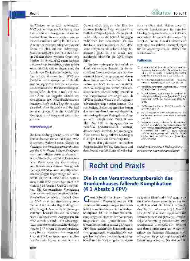 Vorschauseite 1: Die in den Verantwortungsbereich des Krankenhauses fallende Komplikation (§ 2 Absatz 3 FPV)