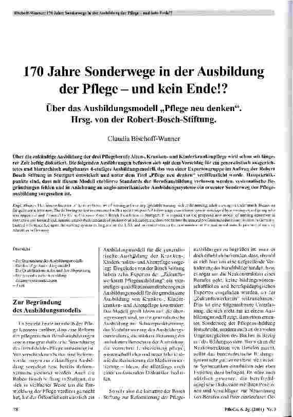 Vorschauseite 1: 170 Jahre Sonderwege in der Ausbildung der Pflege - und kein Ende! ?