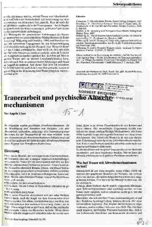 Vorschauseite 1: Trauerarbeit und psychische Abwehrmechanismen
