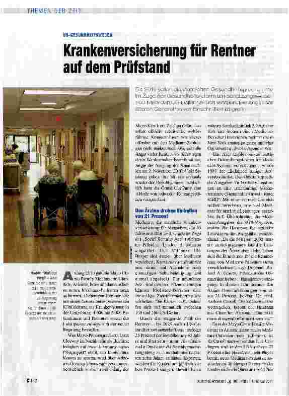 Vorschauseite 1: US-GESUNDHEITSWESEN ■ Krankenversicherung für Rentner auf dem Prüfstand