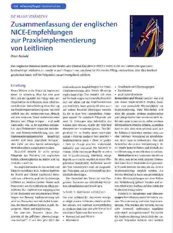 Vorschauseite 1: Zusammenfassung der englischen NICE-Empfehlungen zur Praxisimplementierung von Leitlinien