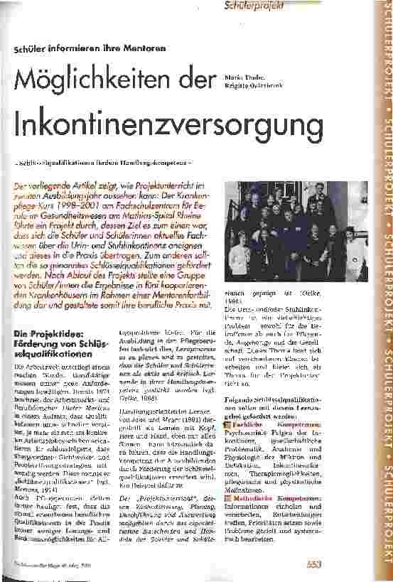 Vorschauseite 1: Schüler informieren ihre Mentoren - Möglichkeiten der Inkontinenzversorgung Schlüsselqualifikationen fördern Handlungskompetenz