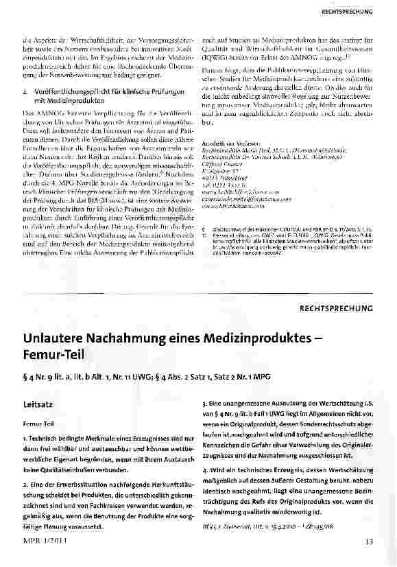 Vorschauseite 1: Unlautere Nachahmung eines Medizinproduktes -Femur-Teil§ 4 Nr. 9 lit. a, lit. b Alt, i, Nr. 11 UWG; § 4 Abs. 2 Satz 1, Satz 2 Nr. 1 MPG