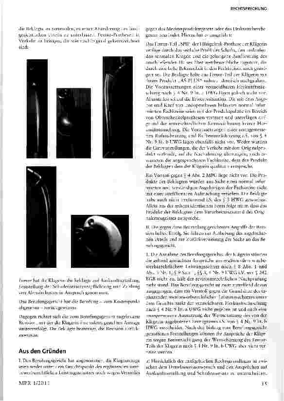 Vorschauseite 3: Unlautere Nachahmung eines Medizinproduktes -Femur-Teil§ 4 Nr. 9 lit. a, lit. b Alt, i, Nr. 11 UWG; § 4 Abs. 2 Satz 1, Satz 2 Nr. 1 MPG