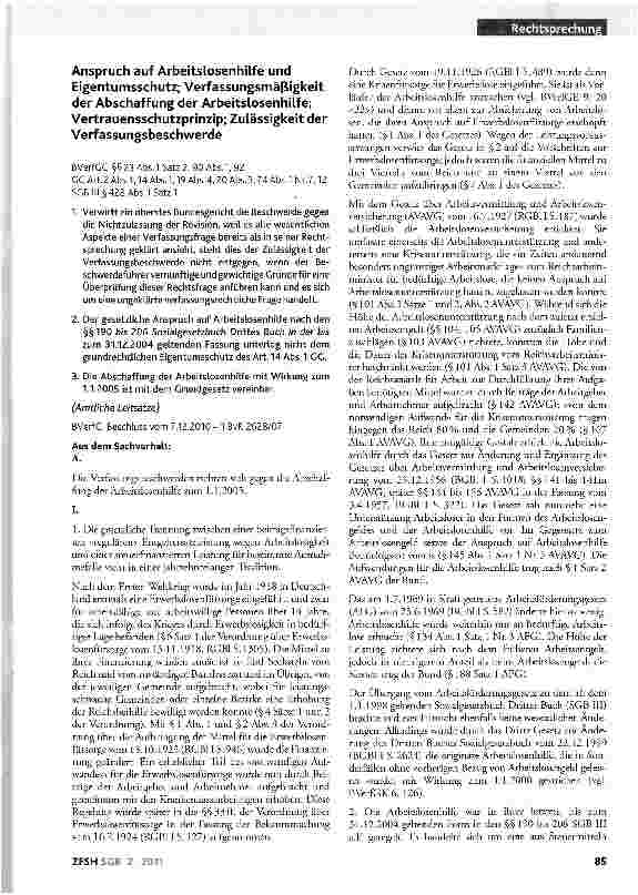 Vorschauseite 1: Anspruch auf Arbeitslosenhilfe und Eigentumsschutz; Verfassungsmäßigkeit der Abschaffung der Arbeitslosenhilfe; Vertrauensschutzprinzip; Zulässigkeit der Verfassungsbeschwerde