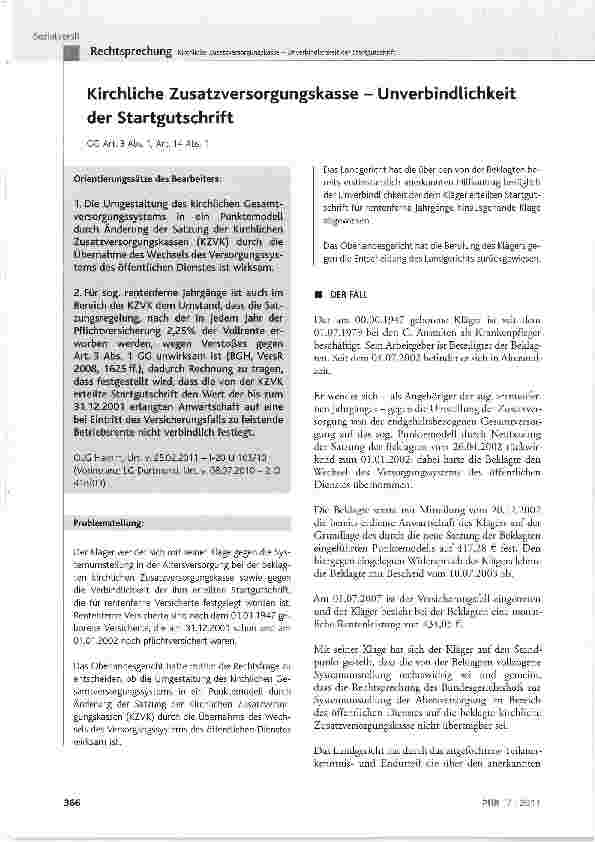 Vorschauseite 1: Kirchliche Zusatzversorgungskasse - Unverbindlichkeit der Startgutschrift
