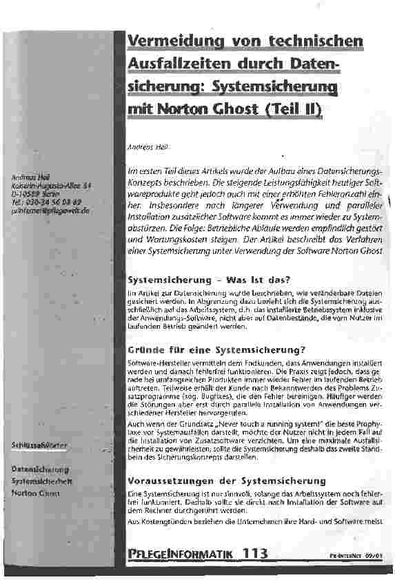 Vorschauseite 1: Vermeidung von technischen Ausfallzeiten durch Datensicherung Systemsicherung mit Norton Ghost (Teil II)