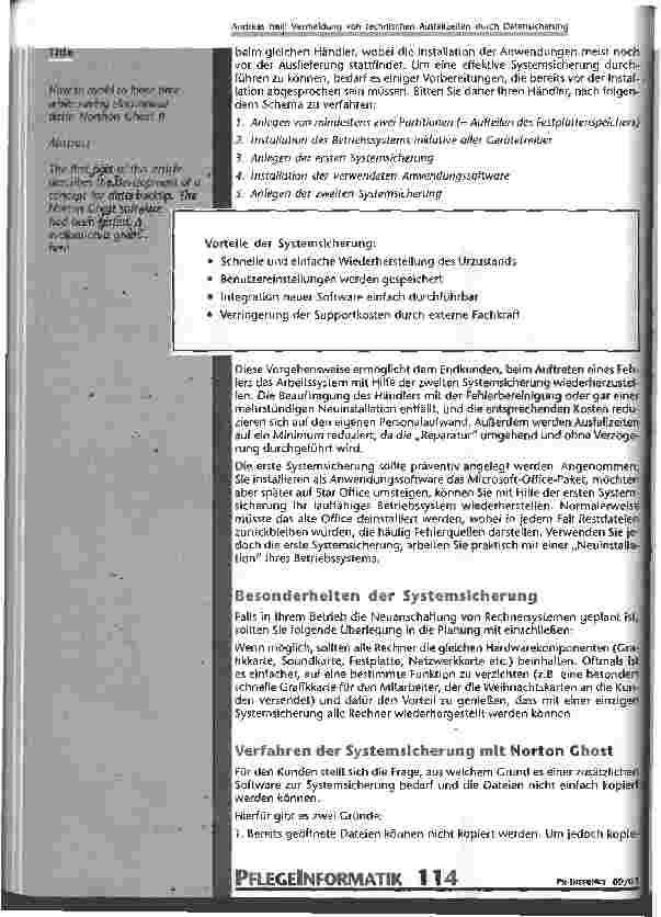 Vorschauseite 2: Vermeidung von technischen Ausfallzeiten durch Datensicherung Systemsicherung mit Norton Ghost (Teil II)