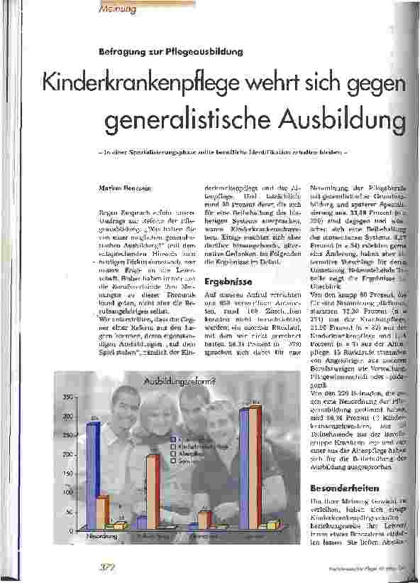 Vorschauseite 1: Kinderkrankenpflege wehrt sich gegen generalistische Ausbildung In einer Spezialisierungsphase sollte berufliche Identifikation erhalten bleiben