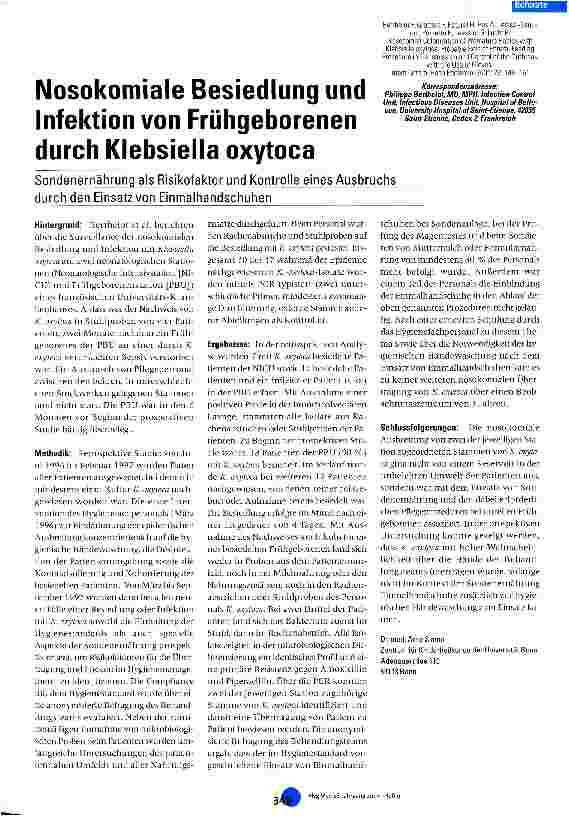 Vorschauseite 1: Nosokomiale Besiedlung und Infektion von Frühgeborenen durch Klebsiella oxytoca