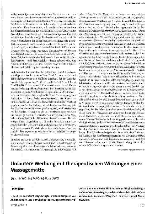 Vorschauseite 1: Unlautere Werbung mit therapeutischen Wirkungen einer Massagematte