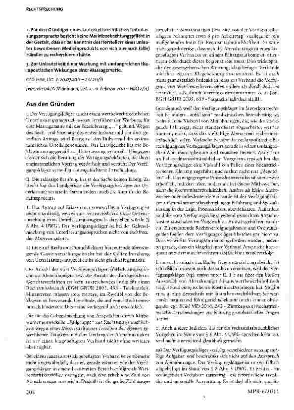 Vorschauseite 2: Unlautere Werbung mit therapeutischen Wirkungen einer Massagematte