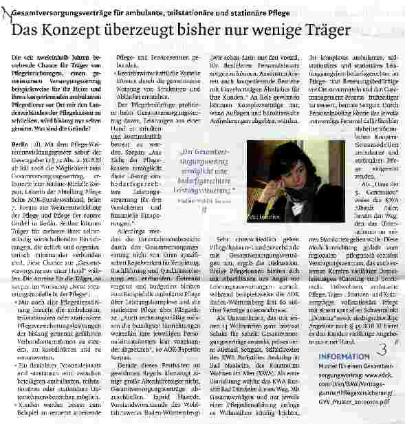 Vorschauseite 1: Gesamtversorgungsverträge für ambulante, teilstationäre und stationäre PflegeDas Konzept überzeugt bisher nur wenige Träger
