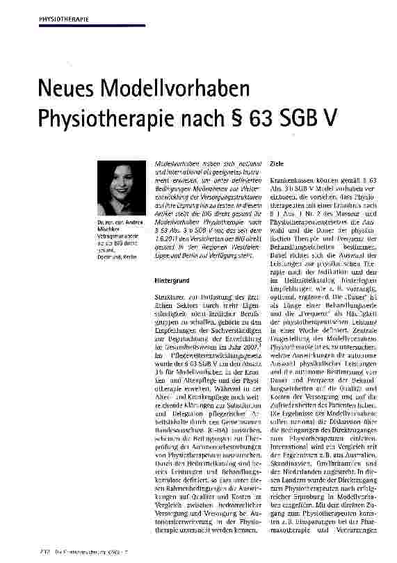 Vorschauseite 1: Neues Modellvorhaben Physiotherapie nach § 63 SGB V