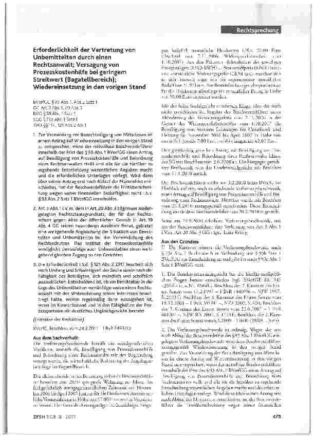 Vorschauseite 1: Erforderlichkeit der Vertretung von Unbemittelten durch einen Rechtsanwalt; Versagung von Prozesskostenhilfe bei geringem Streitwert (BagateLlbereich); Wiedereinsetzung in den vor…