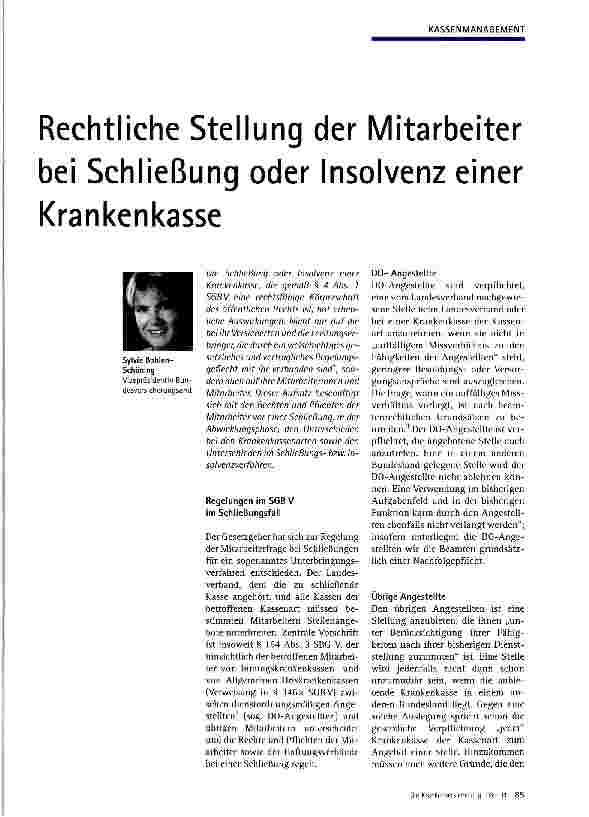 Vorschauseite 1: Rechtliche Stellung der Mitarbeiter bei Schließung oder Insolvenz einer Krankenkasse