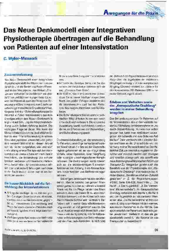 Vorschauseite 1: Das Neue Denkmodell einer Integrativen Physiotherapie übertragen auf die Behandlung von Patienten auf einer Intensivstation