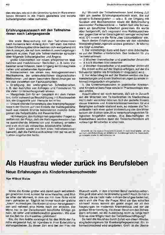 Vorschauseite 1: Als Hausfrau wieder zurück ins Berufsleben Neue Erfahrungen als Kinderkrankenschwester