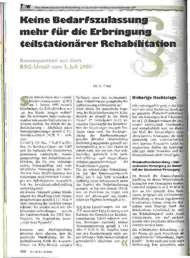 Vorschauseite 1: Keine Bedarfszulassung mehr für die Erbringung teilstationärer Rehabilitation