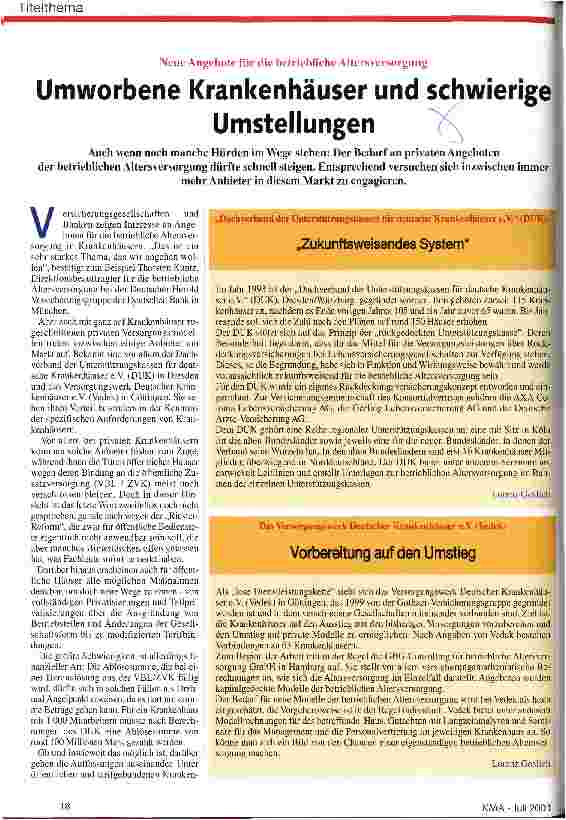 Vorschauseite 1: Umworbene Krankenhäuser und schwierige Umstellungen Neue Angebote für die betriebliche Altersversorgung