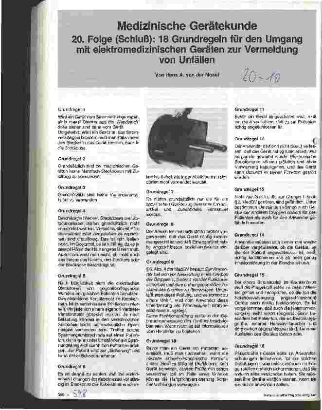Vorschauseite 1: Medizinische Gerätekunde - 20.Folge (Schluß): 18 Grundregeln für den Umgang mit elektromedizinischen Geräten zur Vermeidung von Unfällen