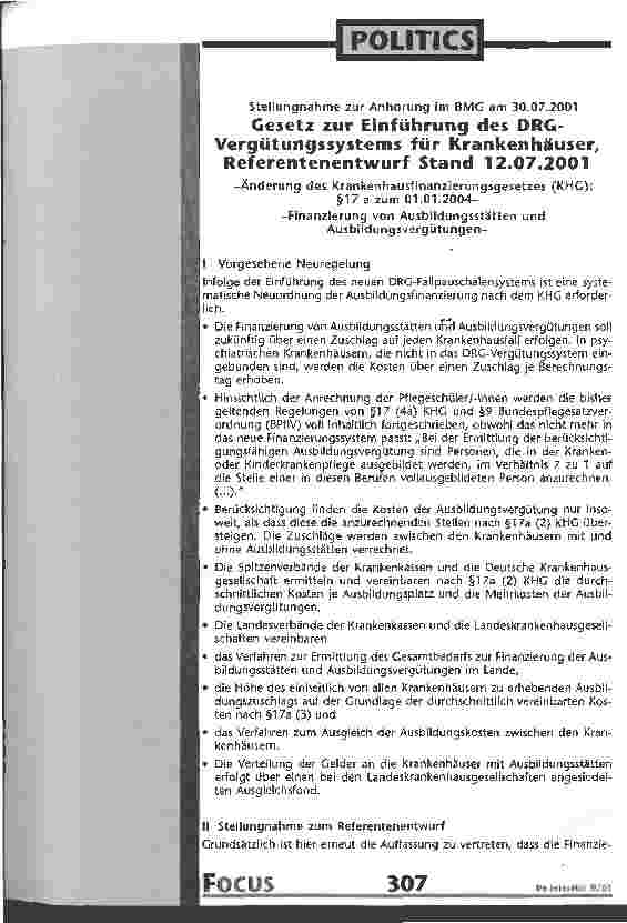 Vorschauseite 1: Gesetz zur Einführung des DRG-Vergütungssystems für Krankenhäuser, Referentenentwurf Stand 12.07.2001