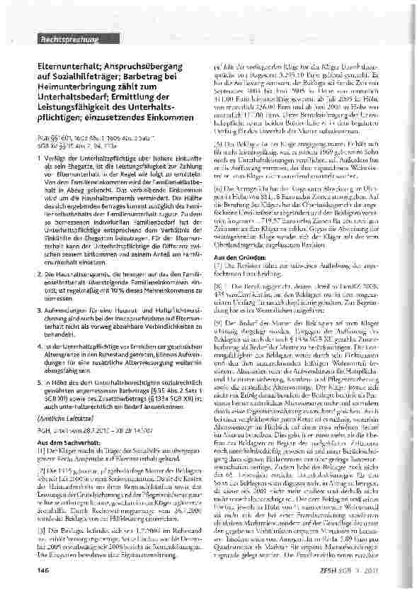 Vorschauseite 1: Elternunterhalt; Anspruchsübergang auf Sozialhilfeträger; Barbetrag bei Heimunterbringung zählt zum Unterhaltsbedarf; Ermittlung der Leistungsfähigkeit des Unterhaltspflichtigen;…