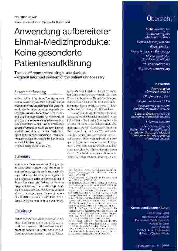 Vorschauseite 1: Anwendung aufbereiteter Einmal-Medizinprodukte: Keine gesonderte Patientenaufklärung