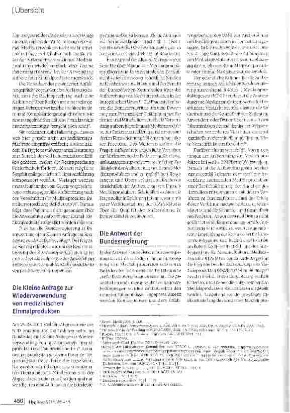 Vorschauseite 2: Anwendung aufbereiteter Einmal-Medizinprodukte: Keine gesonderte Patientenaufklärung