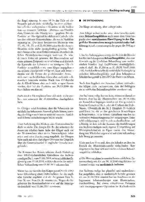Vorschauseite 3: Zum Erfordernis einer Aufklärung über mögliche Nervenschädigungen bei einer Blutentnahme