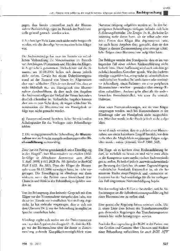 Vorschauseite 5: Zum Erfordernis einer Aufklärung über mögliche Nervenschädigungen bei einer Blutentnahme