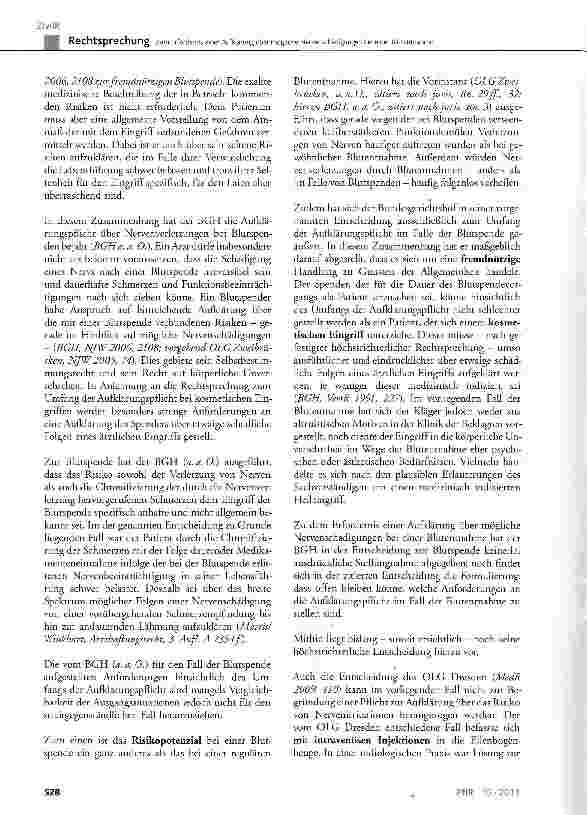 Vorschauseite 6: Zum Erfordernis einer Aufklärung über mögliche Nervenschädigungen bei einer Blutentnahme