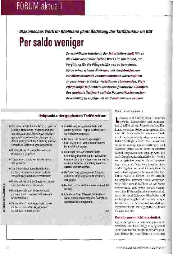 Vorschauseite 1: Per saldo weniger Diakonisches Werk im Rheinland plant Änderung der Tarifstruktur im BAT