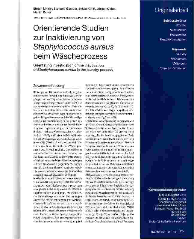 Vorschauseite 1: Orientierende Studien zur Inaktivierung von Staphylococcus aureus beim Wäscheprozess