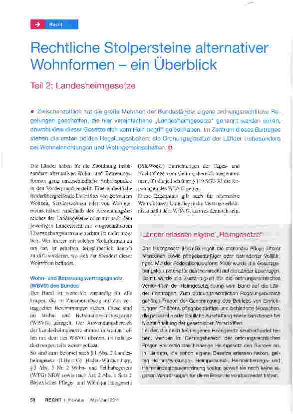 Vorschauseite 1: Rechtliche Stolpersteine alternativer Wohnformen - ein Überblick Teil 2: Landesheimgesetze