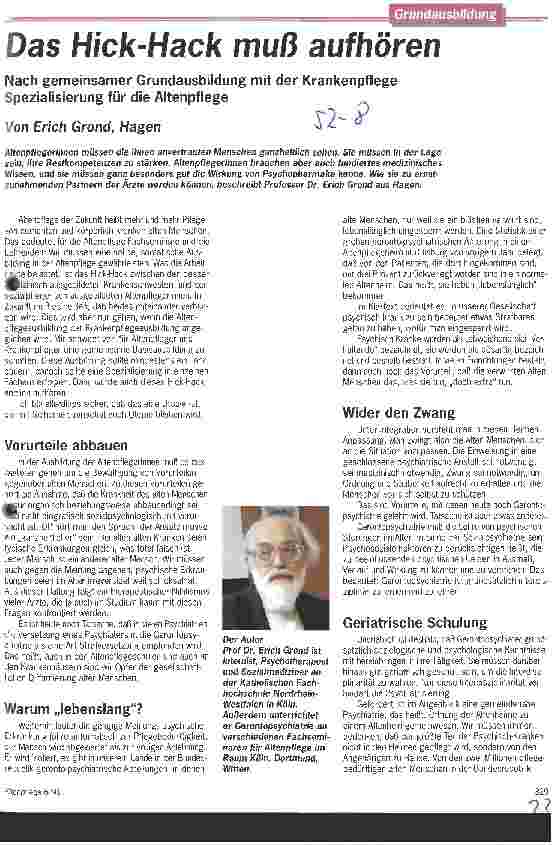 Vorschauseite 1: Das Hick-Hack muß aufhören - Nach gemeinsamer Grundausbildung mit der Krankenpflege - Spezialisierung für die Altenpflege