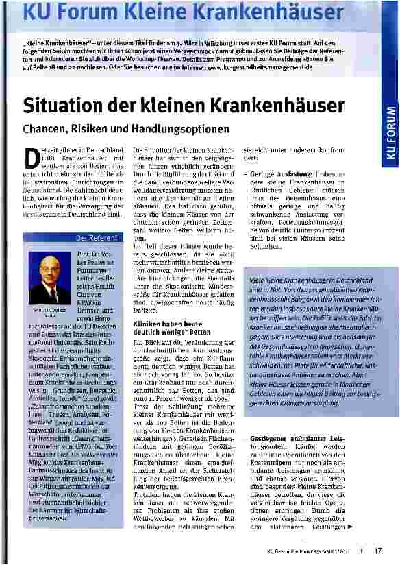Vorschauseite 1: Situation der kleinen KrankenhäuserChancen, Risiken und Handlungsoptionen