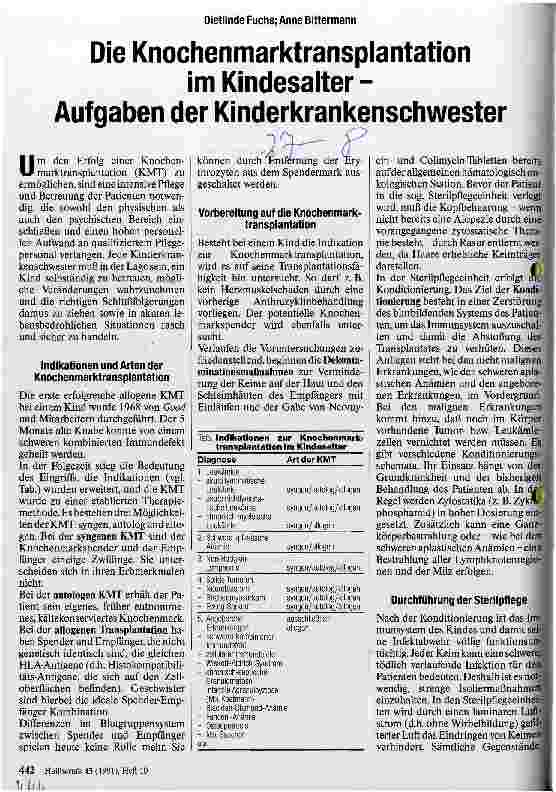Vorschauseite 1: Die Knochenmarktransplantation im Kindesalter - Aufgaben der Kinderkrankenschwester