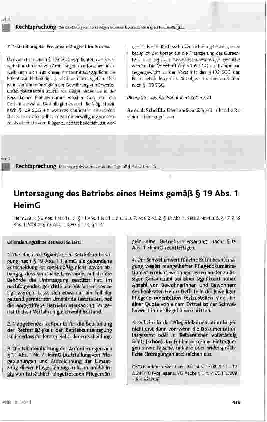 Vorschauseite 1: Untersagung des Betriebs eines Heims gemäß § 19 Abs. 1 HeimGHeimG a. F. § 2 Abs. 1 Nr. 1 u. 2, §11 Abs. 1 Nr. 1 u. 2 u. 3 u. 7, Abs. 2 Nr. 2, § 13 Abs. 1, Satz 2 Nr. 4 u. 6, § 17,…