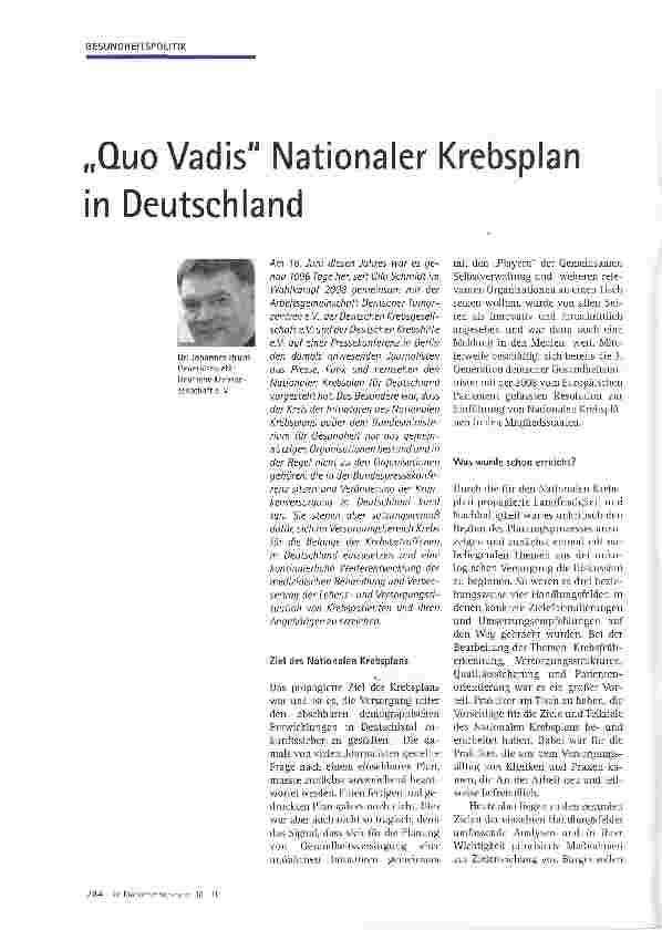 Vorschauseite 1: „Quo Vadis Nationaler Krebsplan in Deutschland