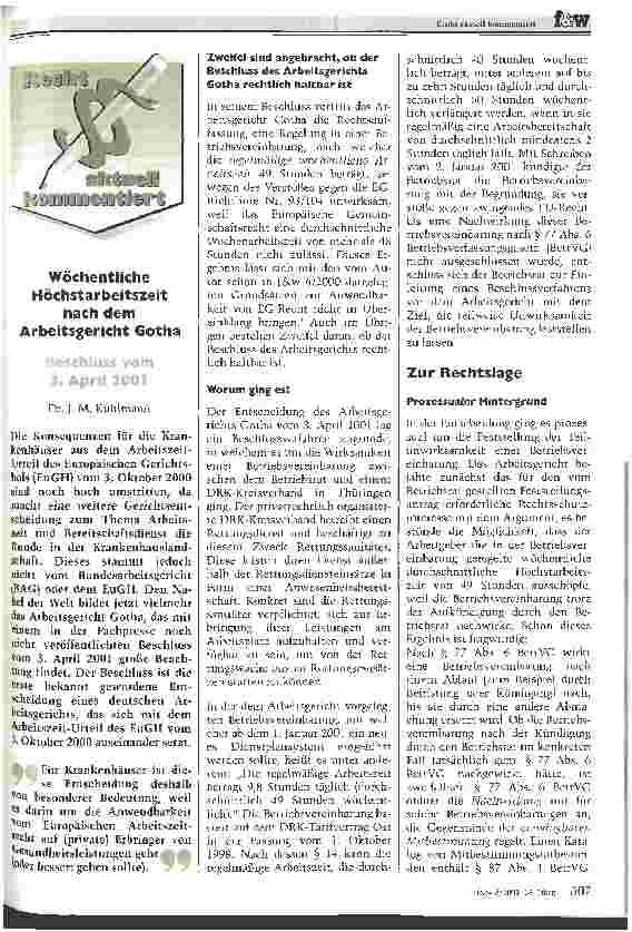 Vorschauseite 1: Wöchentliche Höchstarbeitszeit nach dem Arbeitsgericht Gotha Beschluss vom 3. April 2001