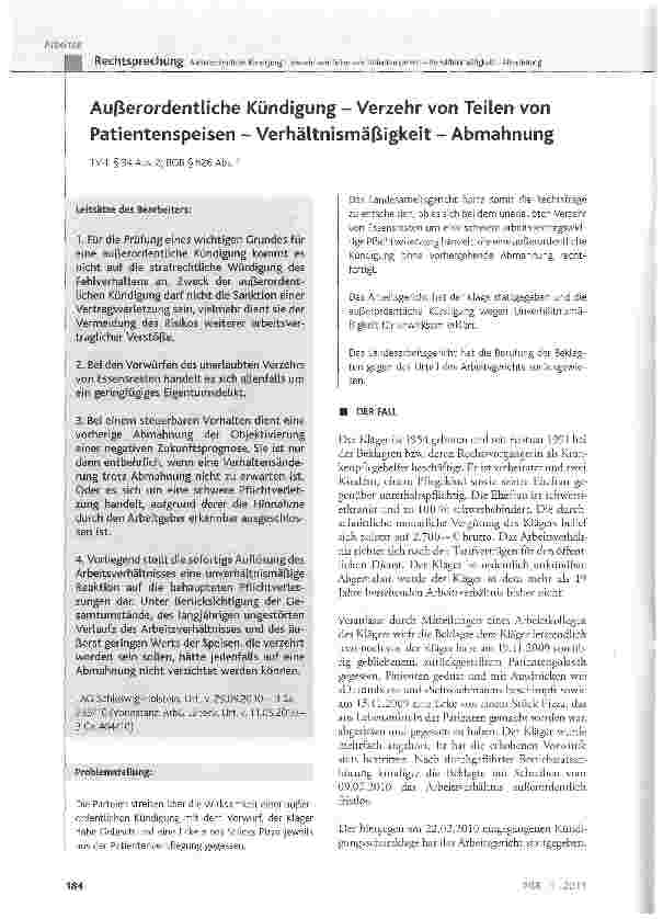 Vorschauseite 1: Außerordentliche Kündigung - Verzehr von Teilen von Patientenspeisen - Verhältnismäßigkeit - Abmahnung
