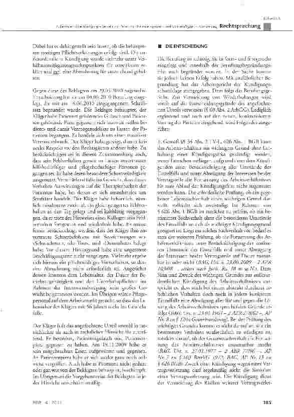 Vorschauseite 2: Außerordentliche Kündigung - Verzehr von Teilen von Patientenspeisen - Verhältnismäßigkeit - Abmahnung