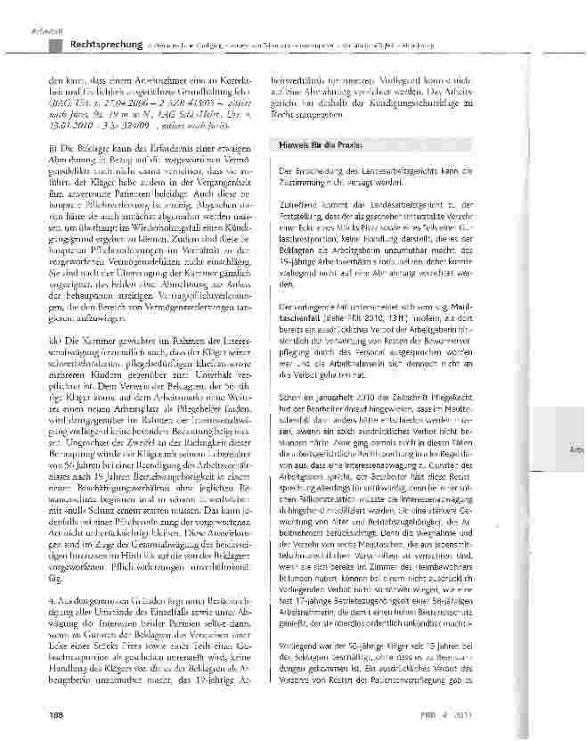 Vorschauseite 5: Außerordentliche Kündigung - Verzehr von Teilen von Patientenspeisen - Verhältnismäßigkeit - Abmahnung