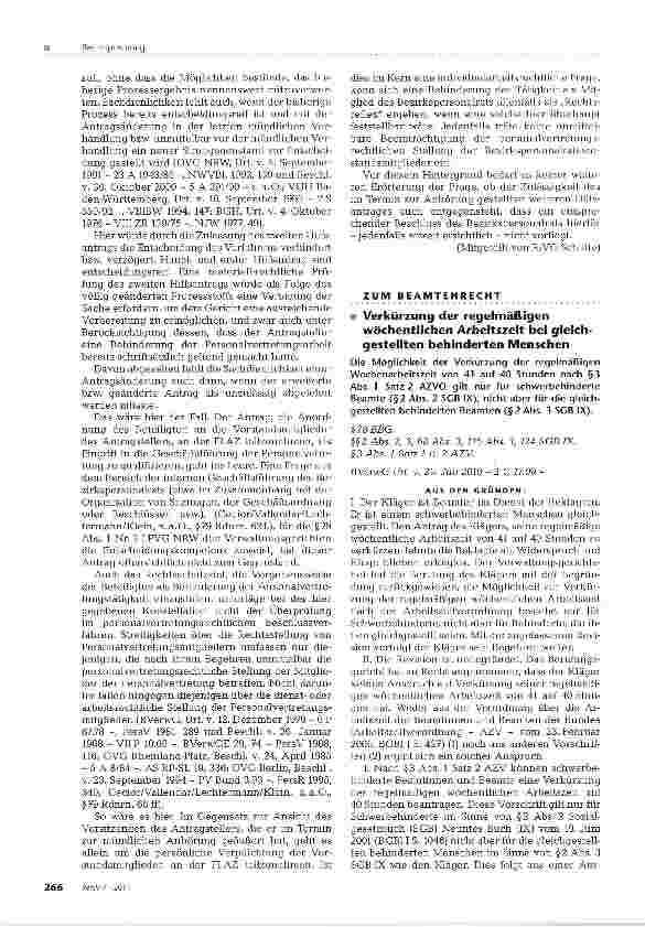 Vorschauseite 1: Verkürzung der regelmäßigenwöchentlichen Arbeitszeit bei gleichgestellten behinderten Menschen